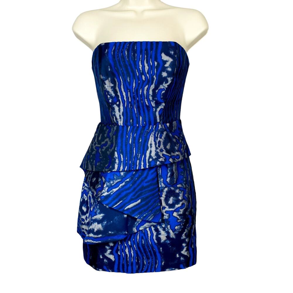Vintage Bebe Strapless Dress Mini Black Blue Tiered Mid Mod Date Sexy Art - XXS